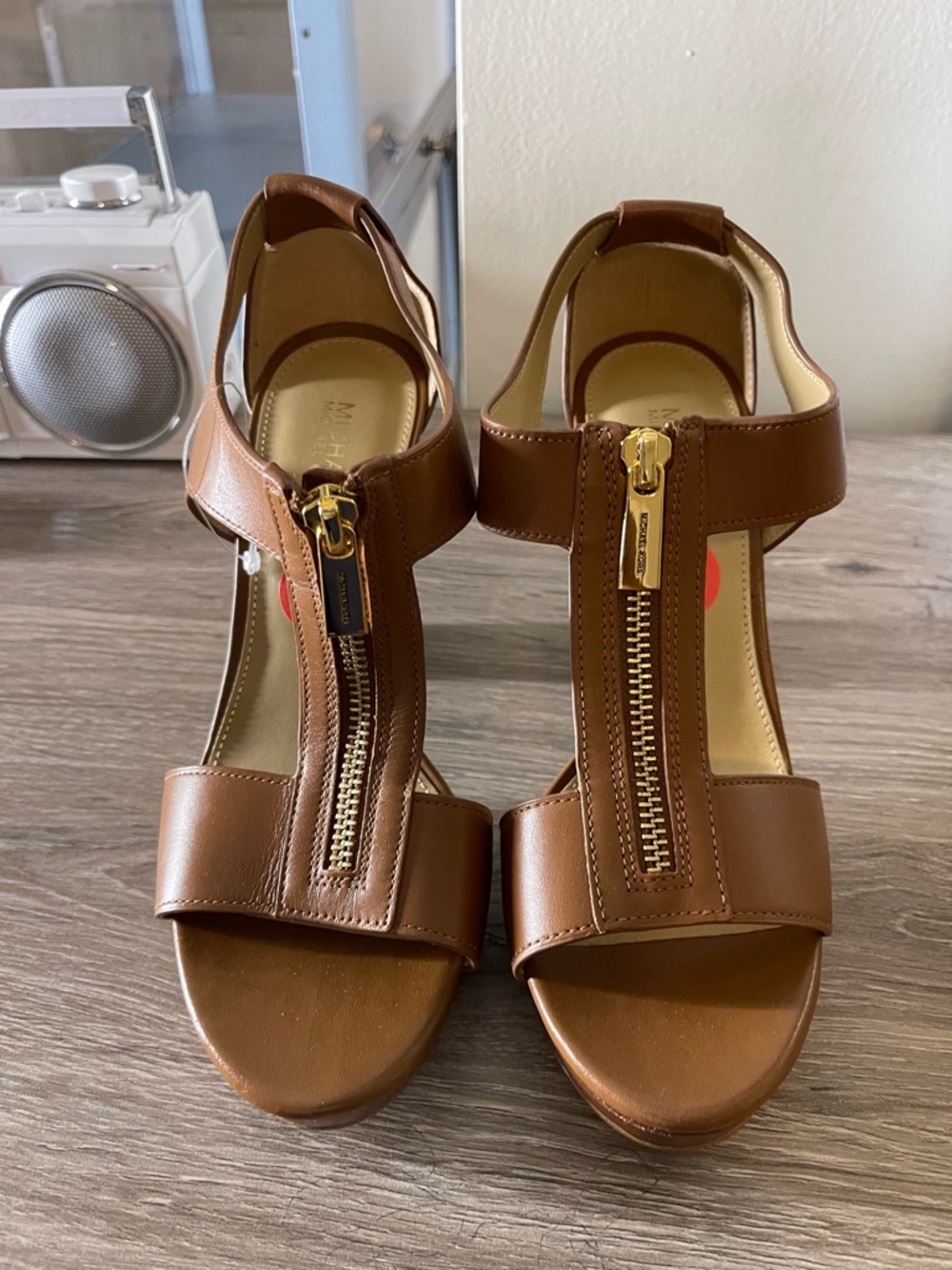 Michael Kors Brown Leather Zip Wedge Sandals